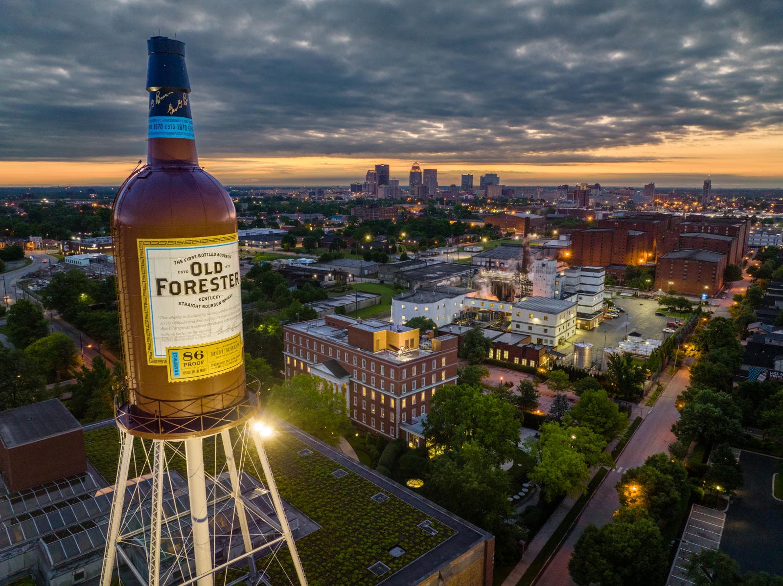 Old Forester water tower overlooking Louisville at sunset