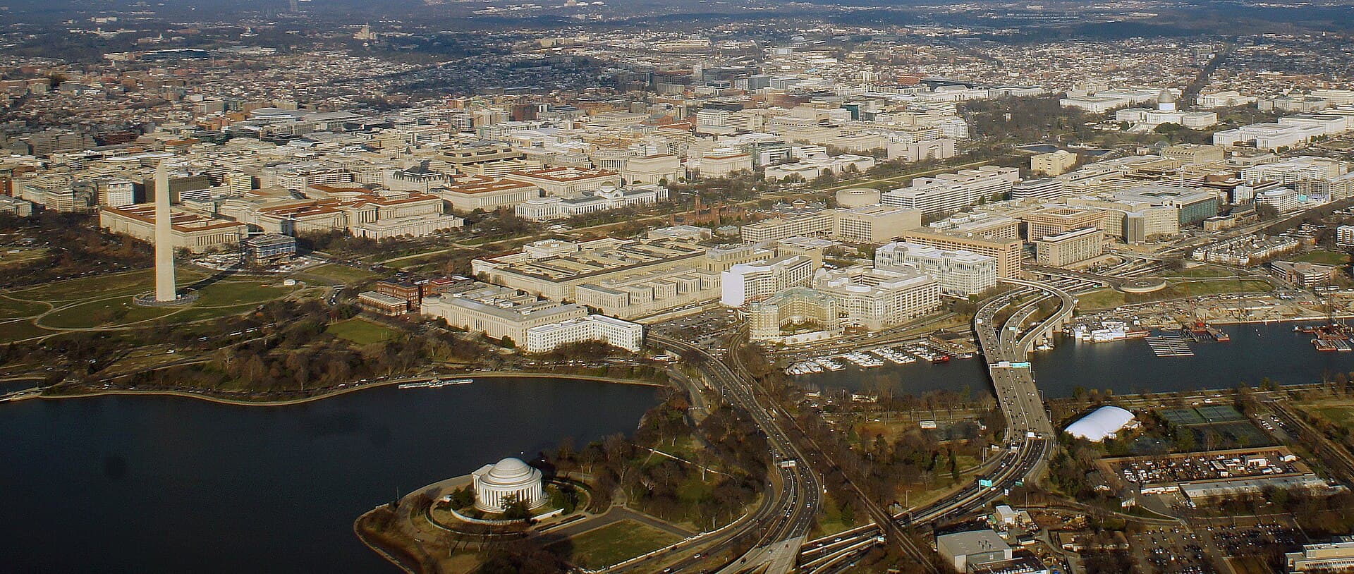 Aerial view of the National Mall, Tidal Basin, and monuments